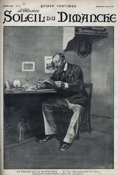Retssagen mod High Court: Paul Deroulede (1846-1914), en fransk forfatter og nationalistisk aktivist, som er en vigtig aktør i anti-dreyfusisme, i sin celle efter sit statskupsforsøg den 23. februar. Indgravering i "" Le sun-du-dimanche"", 29. oktober af Unknown artist