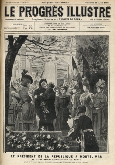 Republikkens præsidents rejse til Montelimar (Drome, Frankrig): Emile Loubet (1838-1929) og hans mor. Indgravering i "The illustrious progress"" fra april 1899. af Unknown artist