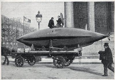 Undervandsbåden (ubåden) "" Le Goubet"", transporterer til eksperimenter, passerer Place de la Madeleine i Paris. Indgravering i ""La Nature"" af Unknown artist