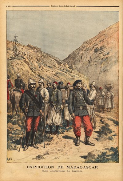 Hærens uniformer, et kampagnedragt til ekspeditionen fra Madagaskar. Indgravering i "" Le petit journal"" 21/04/1895. Selvas samling. af Unknown artist