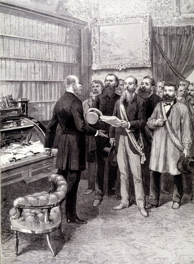 Arbejdernes delegeredes besøg i Palais Bourbon (Jules Guesde, hr. Ferroul, hr. Baudin og hr. Thivrier) hos formandskabets generalsekretær: hr. Martin, under demonstrationen den 1. maj af Unknown artist