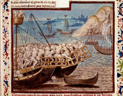 Gallernes krig: "" Barkningen af Jules Cesars tropper og sejren over bretonerne""" Miniature taget fra "" The Facts of the Romans"" (eller Li Fet of the Romans), kompileret sammen af Saluste og Suetoine og Lucan. 1480 (ms. 1055, fol. 54 af Unknown artist