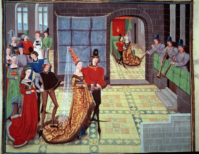 Renaud og Clarisses bryllup i baggrunden på bryllupsnatten. Miniature fra manuskriptet "Renaud de Montauban" eller "Les quatre fils Aymon" af Loyset Liedet (aktivt mellem 1448 og 1478). Ms. 5073. Bibliotheque de l