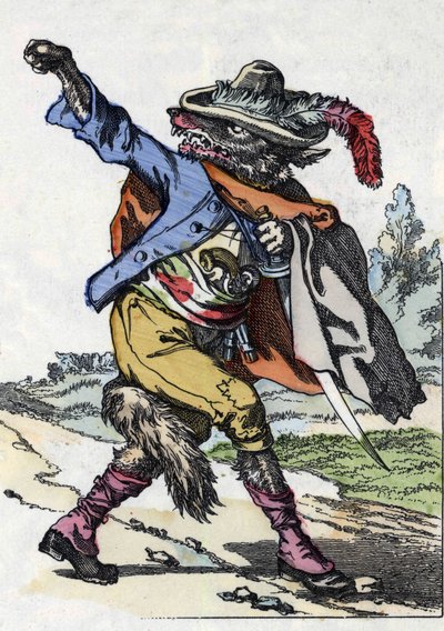 Ulven. Illustration af fortællingen "Compere le Loup, Maitre Renard, Comere la Chevre et ses petits biquets"" efter en fabel af Jean de la Fontaine. I “”Fortællinger fra hjemmet for de mindste””. Anonym gravering af det 19. århundrede. af Unknown artist