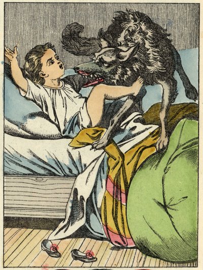Ulven slår Den Lille Rødhætte. Illustration af fortællingen "Den Lille Rødhætte" af Charles Perrault af Unknown artist