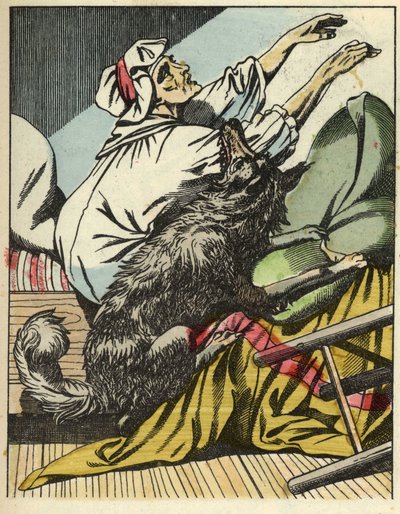 Ulven slår bedstemoren til Rødhætte. Illustration af fortællingen "Den Lille Rødhætte" af Charles Perrault af Unknown artist