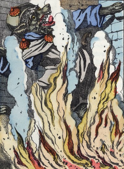 Ulven falder i skorstenens ild. Illustration af fortællingen "Compere le Loup, Maitre Renard, Comere la Chevre et ses petits biquets"" efter en fabel af Jean de la Fontaine. I “”Fortællinger fra hjemmet for de mindste””. Anonym gravering af th af Unknown artist