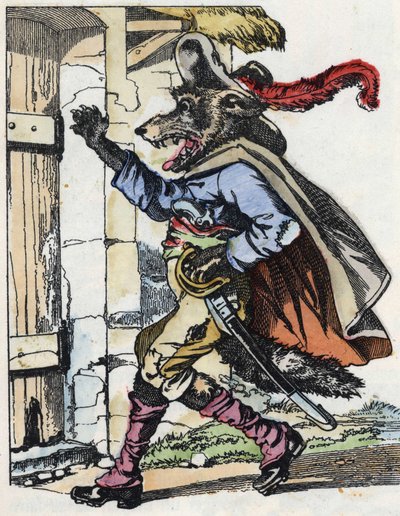 Ulven banker på døren til bikethuset. Illustration af fortællingen "Compere le Loup, Maitre Renard, Comere la Chevre et ses petits biquets"" efter en fabel af Jean de la Fontaine. I “”Fortællinger fra hjemmet for de mindste””. Anonym gravering o af Unknown artist