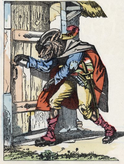 Ulven banker på døren til bikethuset. Illustration af fortællingen "Compere le Loup, Maitre Renard, Comere la Chevre et ses petits biquets"" efter en fabel af Jean de la Fontaine. I “”Fortællinger fra hjemmet for de mindste””. Anonym gravering o af Unknown artist