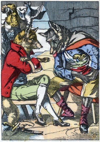 Ulven møder ræven igen. Illustration af fortællingen "Compere le Loup, Maitre Renard, Comere la Chevre et ses petits biquets"" efter en fabel af Jean de la Fontaine. I “”Fortællinger fra hjemmet for de mindste””. Anonym gravering af det 19. århundrede. af Unknown artist