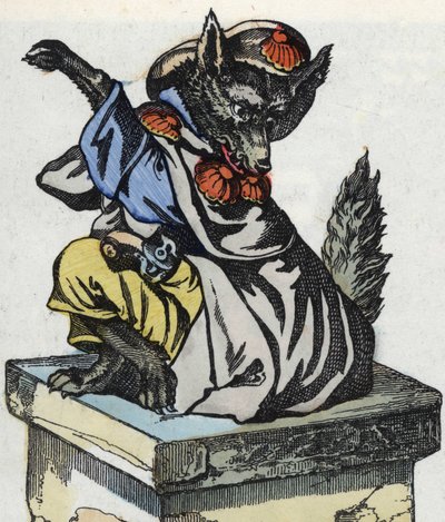 Ulven sidder på skorstenen. Illustration af fortællingen "Compere le Loup, Maitre Renard, Comere la Chevre et ses petits biquets"" efter en fabel af Jean de la Fontaine. I “”Fortællinger fra hjemmet for de mindste””. Anonym gravering af det 19. århundrede. af Unknown artist