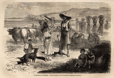 Arbejdet med høst, høst og afhugning af hvede, i Djurjura (Algeriet); kvinder, der sidder i cirkler, slår epis med runde klubber, andre kaster halm og korn ud i vinden med en stor si, og fejning af jorden gør, at kornet kan blive genoprettet af Unknown artist
