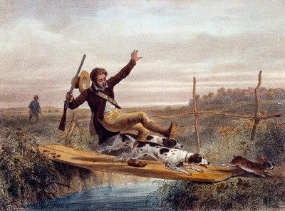 Det forkerte skridt. En jæger falder fra en lille bro, skubbes af hunde, der løber en hare. Indgravering af det 19. århundrede. Gien, Jagtmuseet af Unknown artist