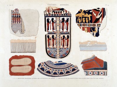 Theben, Hypogees: 1.2.3.6.7.8. malerier fra mumiekuverter 4.5. Detaljer om en frynser og et stribet lærred, fundet på mumier - i "" Description of Egypt"" 1809, Antiquite vol 2 pl 112 af Unknown artist
