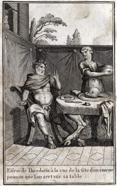Theodorik den Store (ca. 454/455-526), goternes konge, bliver bange ved synet af hovedet af en enorm fisk, der serverer på hans bord. Indgravering i "Beaute de l