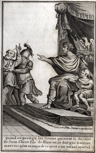 Theodosius I (Flavius Theodosius) (347-395), romersk kejser, fik Amphiloque, eveque af Icone, arresteret for manglende respekt for sin søn, Arcadius (377-408). Evequen erklærer "Når vi beskytter arianerne, der fornægter Jesu Kristi guddommelighed, Guds søn af Unknown artist