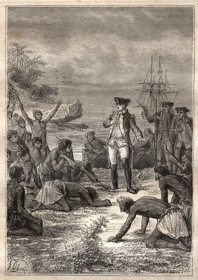 Tredje rejse (1776-1779) af kaptajn James Cook (1728-1779): Cook bliver budt velkommen af de indfødte (Hawaii) - illustration taget fra "The Great Mariners of the 18th century" af Unknown artist