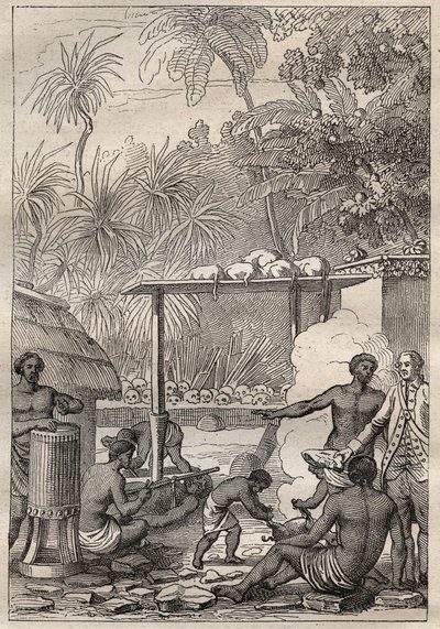 Tredje rejse (1776-1779) af kaptajn James Cook (1728-1779): menneskeofring til Tahiti - illustration taget fra "The Great Mariners of the 18th century"" af Unknown artist