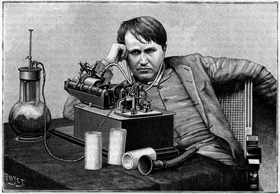 Thomas Edison (1847-1931), amerikansk fysiker, i New York, der hørte det første "fonogram" sendt fra England. (Fra et fotografi meddelt til "La Nature" af oberst Gouraud). Gravering i "" La Nature: revue des sciences et de leurs applications aux arts af Unknown artist