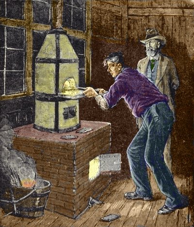 Thomas Edison eksperimenterer omkring 1879 med carbonpapir til glødelampen. af Unknown artist