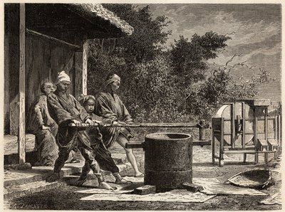 Tre bønder, der driver rismøllen. Indgravering til illustration af rejsen til Japan i 1863-1864 af Aime Humbert, minister for Det Schweiziske Forbund, i "Le tour du monde, nouveau journal des voyages", udgivet under ledelse af Edouard Charton af Unknown artist