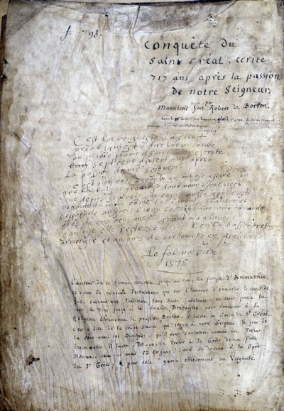 Titelblad på et manuskript: Erobring af Saint Gréal, skrevet 717 år efter vor herres lidenskab. Bibliotheque Municipale de Rennes, frk. 255 (Samling af romaner af det runde bord); Paris af Unknown artist