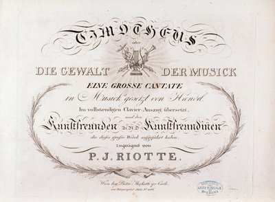 Titelside på musikalsk partitur af Timotheus af GF Handel (1812) af Unknown artist