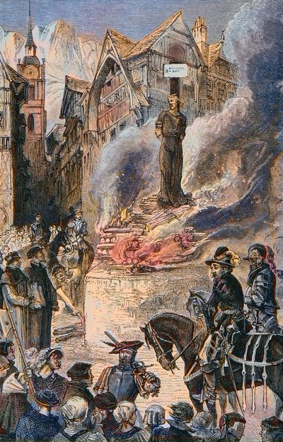 Tortur af Michel Servet i Genève (Michael Servetus) (Michel de Villeneuve) Spansk læge og teolog (1511-1553) - Le torice de Michel Servet (Miguel Serveto) (1511-1553) en Genève, spansk læge og teolog Gravering af Unknown artist