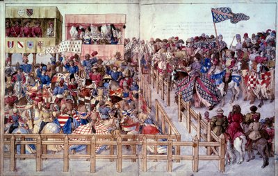 Turnering: De snurrende riddere aflægger ed i konkurrencen foran herrernes tribuner. Miniature i "Traite des tournaments"" af Unknown artist