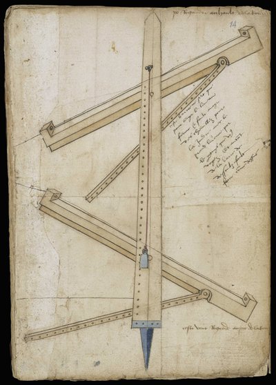 Tårnmålemaskine - Manuskript: pergamentark af en ingeniørmanual til opførelse af civile, religiøse og militære bygninger, anonym, slutningen af det 15. århundrede (figur med kinesisk blæk) af Unknown artist