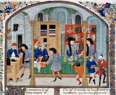 Handelsscene: købmænd i en butik præsenterer service og sølvtøj til deres kunder. Miniature taget fra en udgave af "Ethical, Political and Economic"" af den græske filosof Aristoteles (384-322 f.Kr.) af Unknown artist