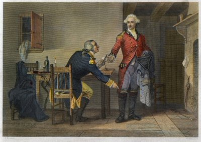 Trahison of Arnold - Uafhængighedskrig eller amerikansk revolution (1775-1783) - Det lykkedes Benedict Arnold (1741-1801) at overbevise major John Andre (1750-1780) til at skjule West Points planer i sin støvle ved deres møde den 21. september 1780. af Unknown artist