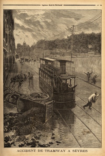 Sporvognsulykke i Sevres, materiel skade, men ingen personskade. Indgravering i "" Le petit journal"" 24/01/1897. Selva samling. af Unknown artist