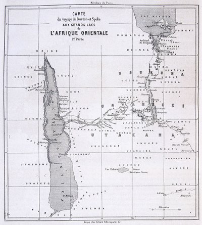 Rejsekort over Richard Francis Burton, britisk opdagelsesrejsende (1821-1890) og Speke til de store søer i Østafrika 1857-59 - i Tour du Monde af Unknown artist