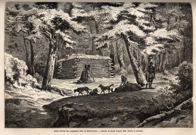 Rejsendes vinterhytte i den smukke eng (Canada), tilflugtssted for fangere og deres slæde. Gravering til illustration af rejsen fra Atlanterhavet til Stillehavet (route du nord ouest par les terres), i 1862-1864 af Viscount Milton og Doctor Cheadle, i af Unknown artist