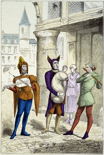 Omrejsende musikere i det 15. århundrede - i "" Costumes de Paris gennem århundrederne"" af Unknown artist
