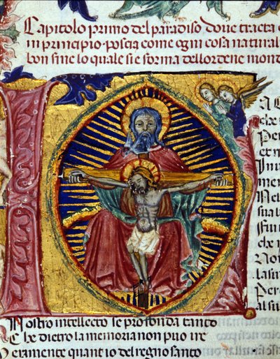 Treenighed (Helligåndens due ses i Faderens skæg). Codex oplyst af Unknown artist