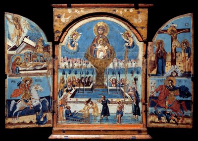 Jomfruens triptykon, kilde til liv Centralt panel: Jomfruen krydser en mirakuløs fontæne af vand. Til venstre, opstandelsen og aflejringen. Nedenfor en ridder (Saint George), der vælter en drage. Til højre, korsfæstelsen og et ridderordspil af Unknown artist