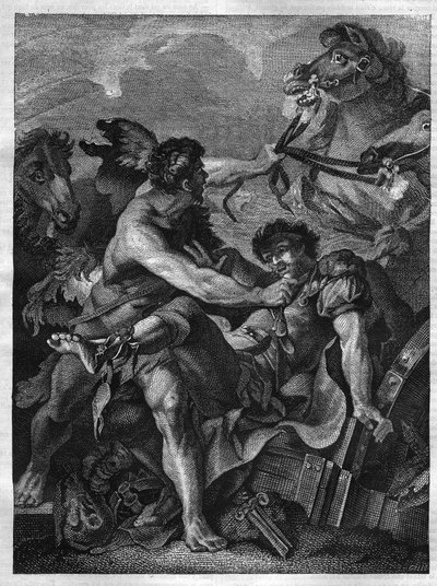 Tolv værker af Hercules: Diomede dræber af Hercules og spiser af sine egne heste. gravering efter maleriet af Jean-Baptiste-Marie (Jean Baptiste Marie) Peter. (1714-1789) af Unknown artist