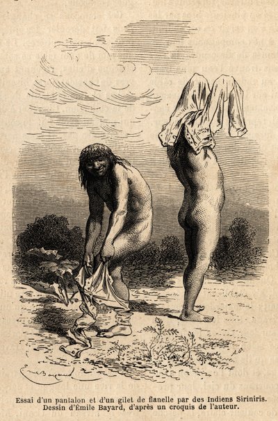 To Siriniris-indianere forsøger at overtrække bukser og vest, som et medlem af ekspeditionen havde lagt til tørre ved bredden af søerne ved foden af Mount Basiri (Peru). Engravure pour illustrrer le voyage dans les vallees de Quinquinas (Peru), af Paul Mar af Unknown artist