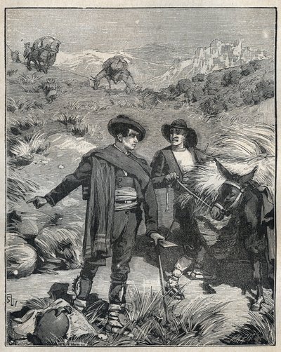 To bønder fra Sierra Almagrera i Spanien opdagede Jaroso sølvforekomsten i 1838. Indgravering fra 1885 i "" Les arts et metiers illustres"" af Adolphe BITARD. af Unknown artist