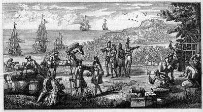 Afbarkning af forsyninger i de franske kolonier i Amerika. Pentegningen placerer et hoved af et erindringer fra Vauban på "Kolonierne"" i manuskriptet til hans "Oisivetes"", der er bevaret på Depot des Fortifications. Indgravering i "" La Nature: revue des af Unknown artist