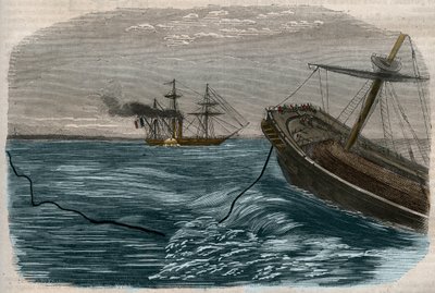 Undersøiske telegrafiske linjer: Udlægningen af et undersøisk kabel (ubåd) Indgravering af 1857. af Unknown artist