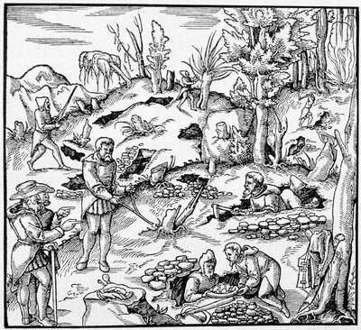 Brug af den magiske spand til at søge efter jordens skatte - i "The Book of Mines"" af Agricola af Unknown artist