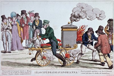 Velocipedraisiavaporianna: dampvelocipede - gravering omkring 1818, Bibl. af byen Paris. af Unknown artist