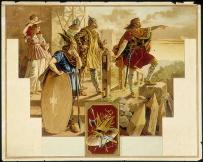 Vercingétorix omgivet af gallere, krigere, kvinder og børn - Chromolithography af Unknown artist