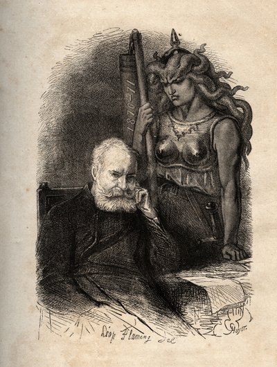 Victor Hugo siddende med en krigsgudinde - indgravering fra "" Det forfærdelige år"" ("Det frygtelige år"), en række digte, der omhandler belejringen og traumet ved at miste sin så - Victor Hugo, haante par la gudinden de la guerre gravering i "" L