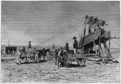 Udsigt fra overfladen af Kimberley Diamond Mine i Sydafrika. Stik fra 1883. af Unknown artist