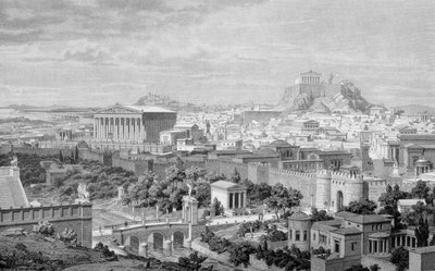 Udsigt over Athen, Hadrians tempel og Akropolis. af Unknown artist