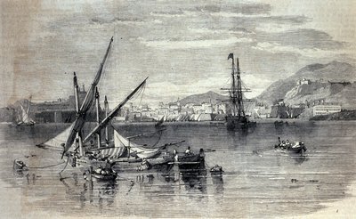 Udsigt over Korfu i Grækenland fra øen Vido. Stik fra begyndelsen af 1800-tallet af Unknown artist
